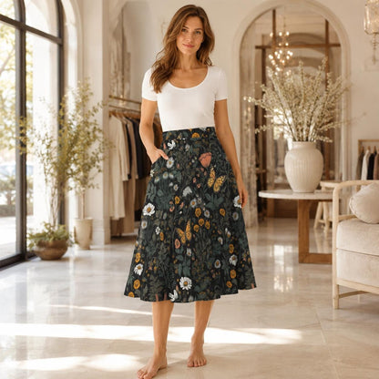Dark Meadow Butterfly Midi Skirt, Cottagecore Floral A-Line with Pockets