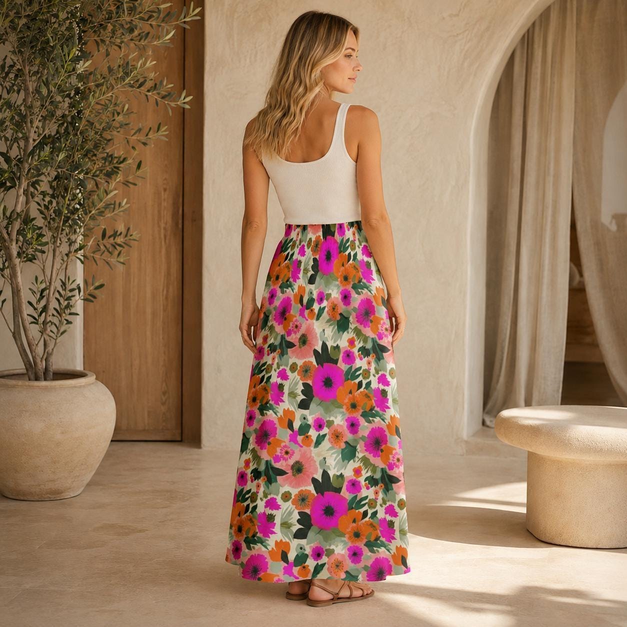 Bold Floral Maxi Skirt, Tropical Garden Print, High Waist Flowy Vacation Skirt