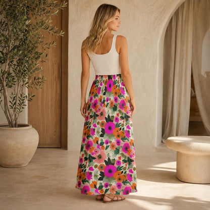Bold Floral Maxi Skirt, Tropical Garden Print, High Waist Flowy Vacation Skirt