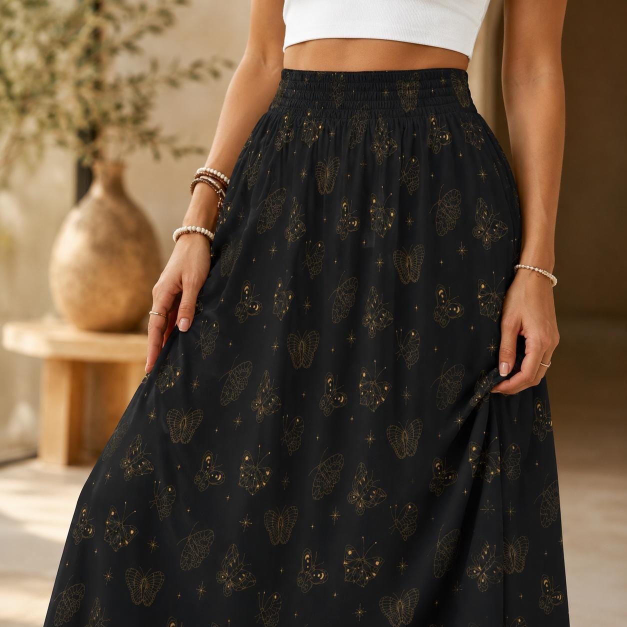Black Butterfly Maxi Skirt, Celestial Star Print, Witchy Festival Style, Flowy High Waist