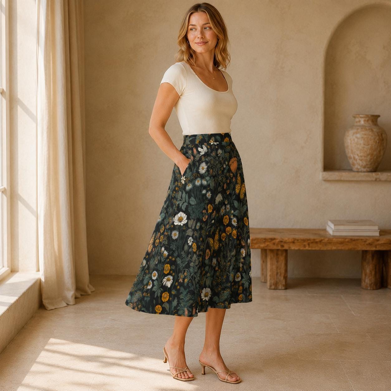 Dark Meadow Butterfly Midi Skirt, Cottagecore Floral A-Line with Pockets