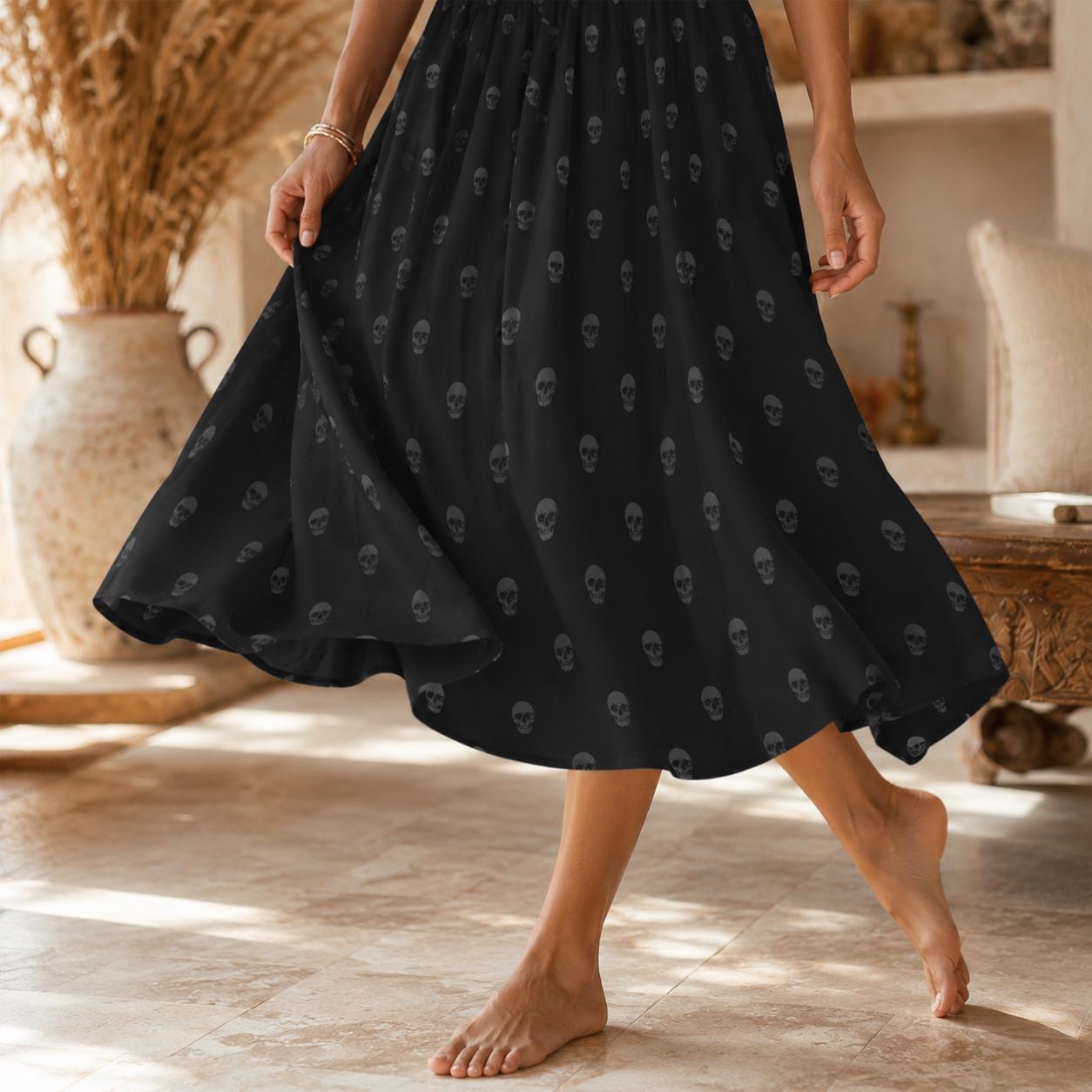 Black Skull Print Midi Skirt, Subtle Gothic Dark Academia Flowy Style