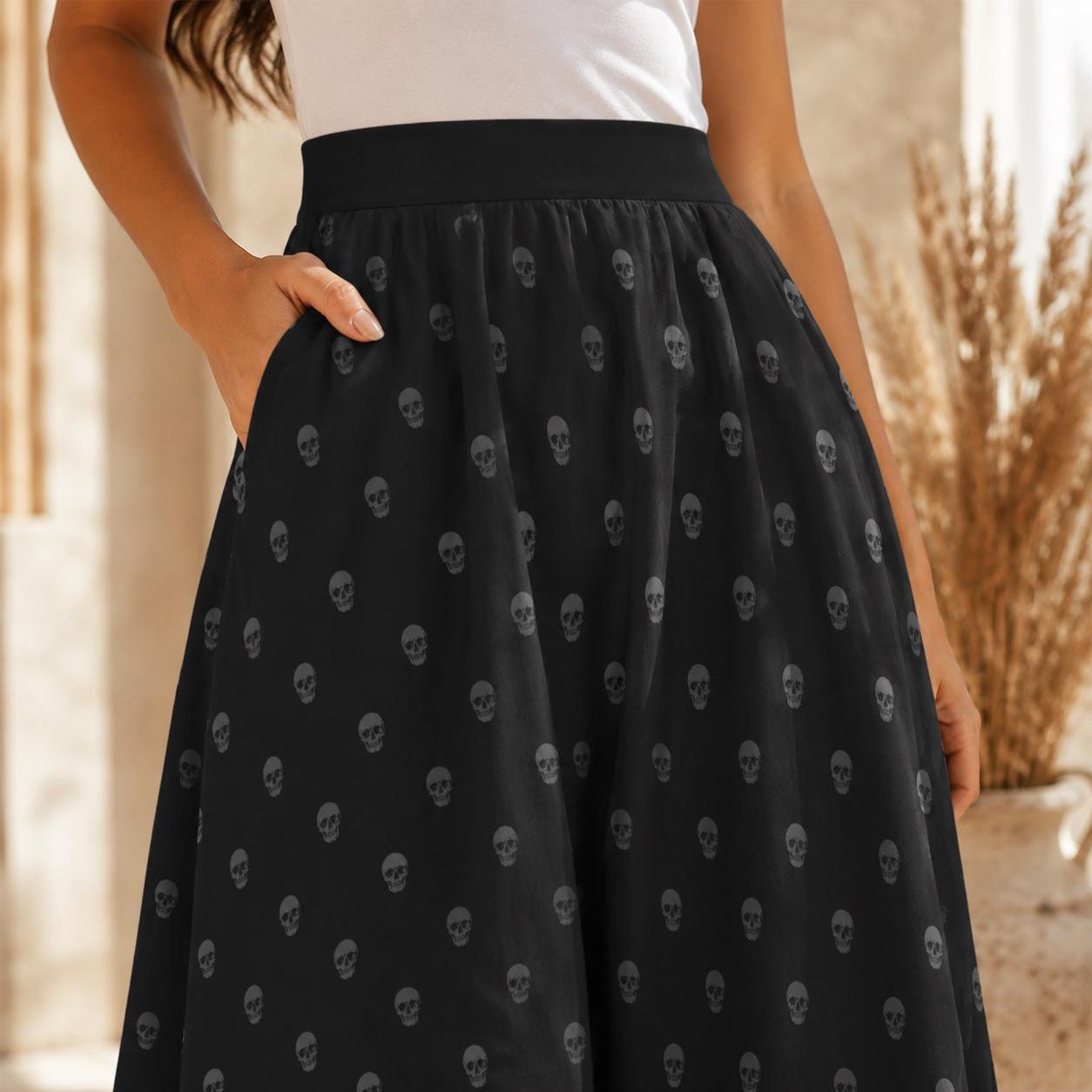 Black Skull Print Midi Skirt, Subtle Gothic Dark Academia Flowy Style