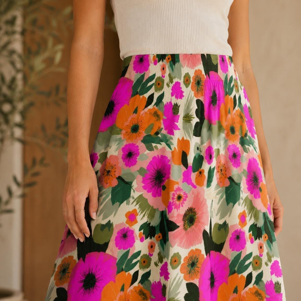 Bold Floral Maxi Skirt, Tropical Garden Print, High Waist Flowy Vacation Skirt