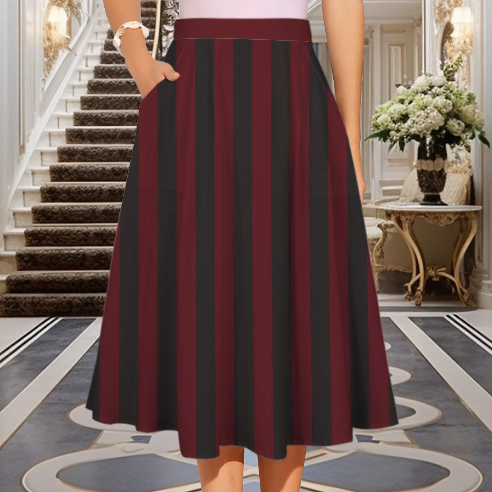 Burgundy Black Striped Midi Skirt, High Waist A Line With Pockets