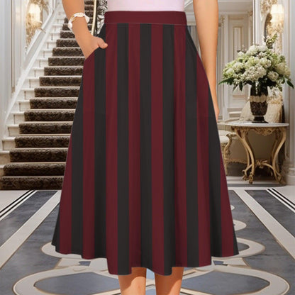 Burgundy Black Striped Midi Skirt, High Waist A Line With Pockets