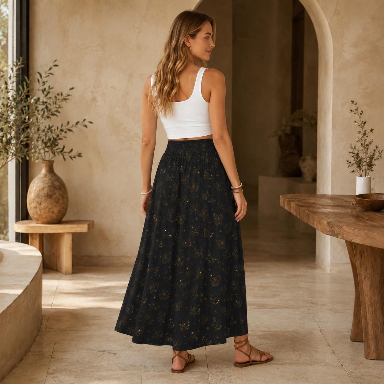 Black Butterfly Maxi Skirt, Celestial Star Print, Witchy Festival Style, Flowy High Waist