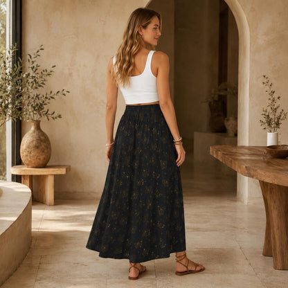 Black Butterfly Maxi Skirt, Celestial Star Print, Witchy Festival Style, Flowy High Waist