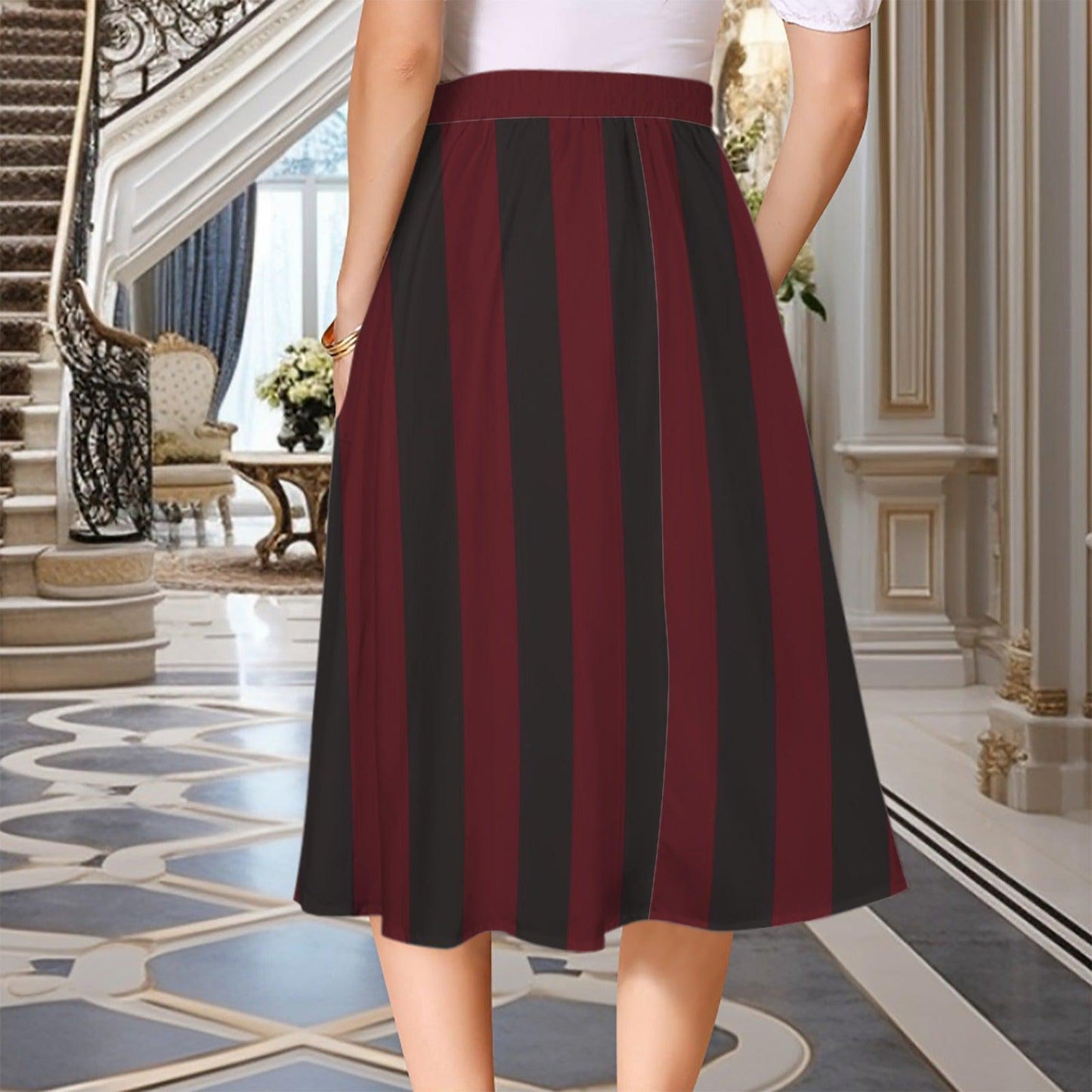 Burgundy Black Striped Midi Skirt, High Waist A Line With Pockets