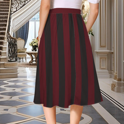 Burgundy Black Striped Midi Skirt, High Waist A Line With Pockets