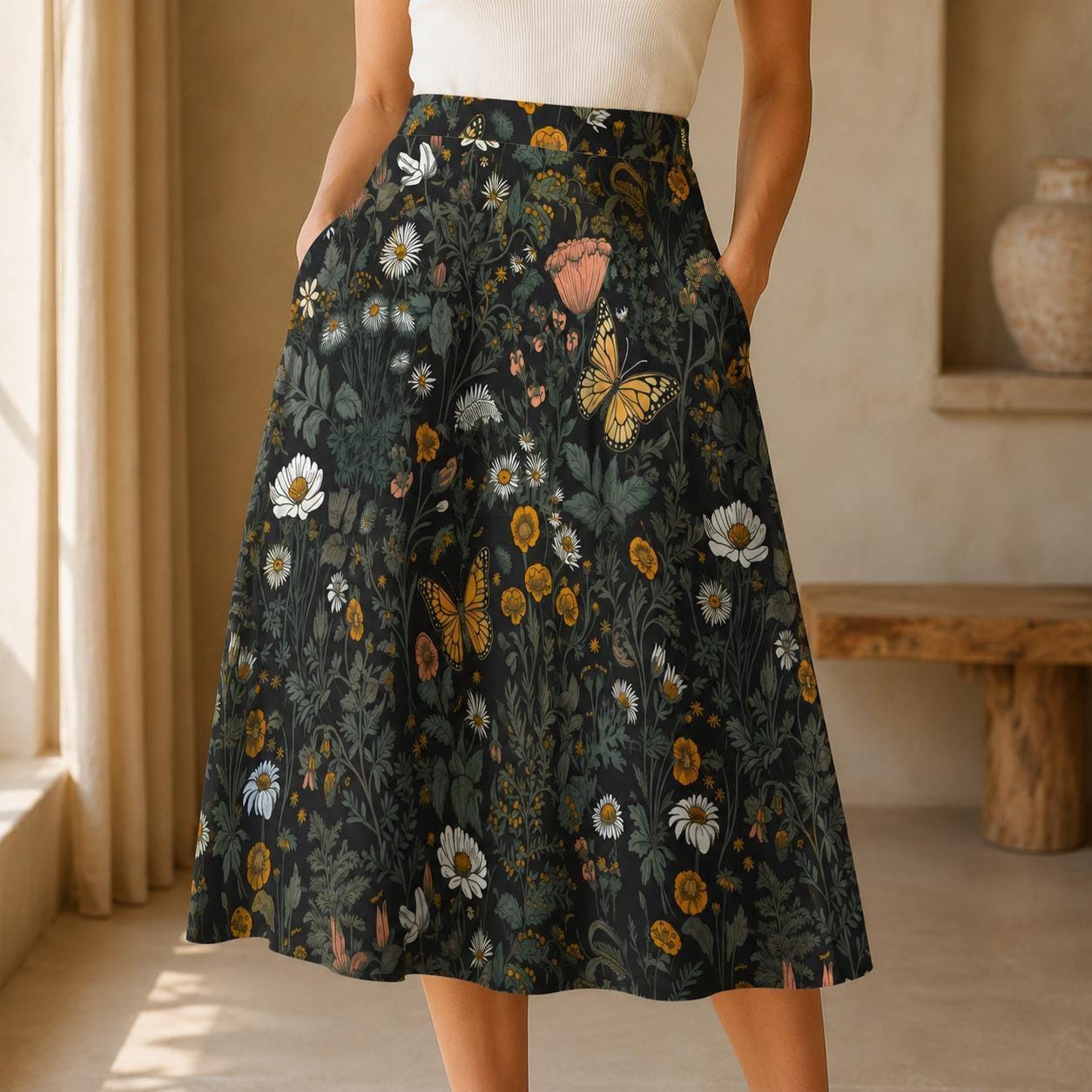 Dark Meadow Butterfly Midi Skirt, Cottagecore Floral A-Line with Pockets