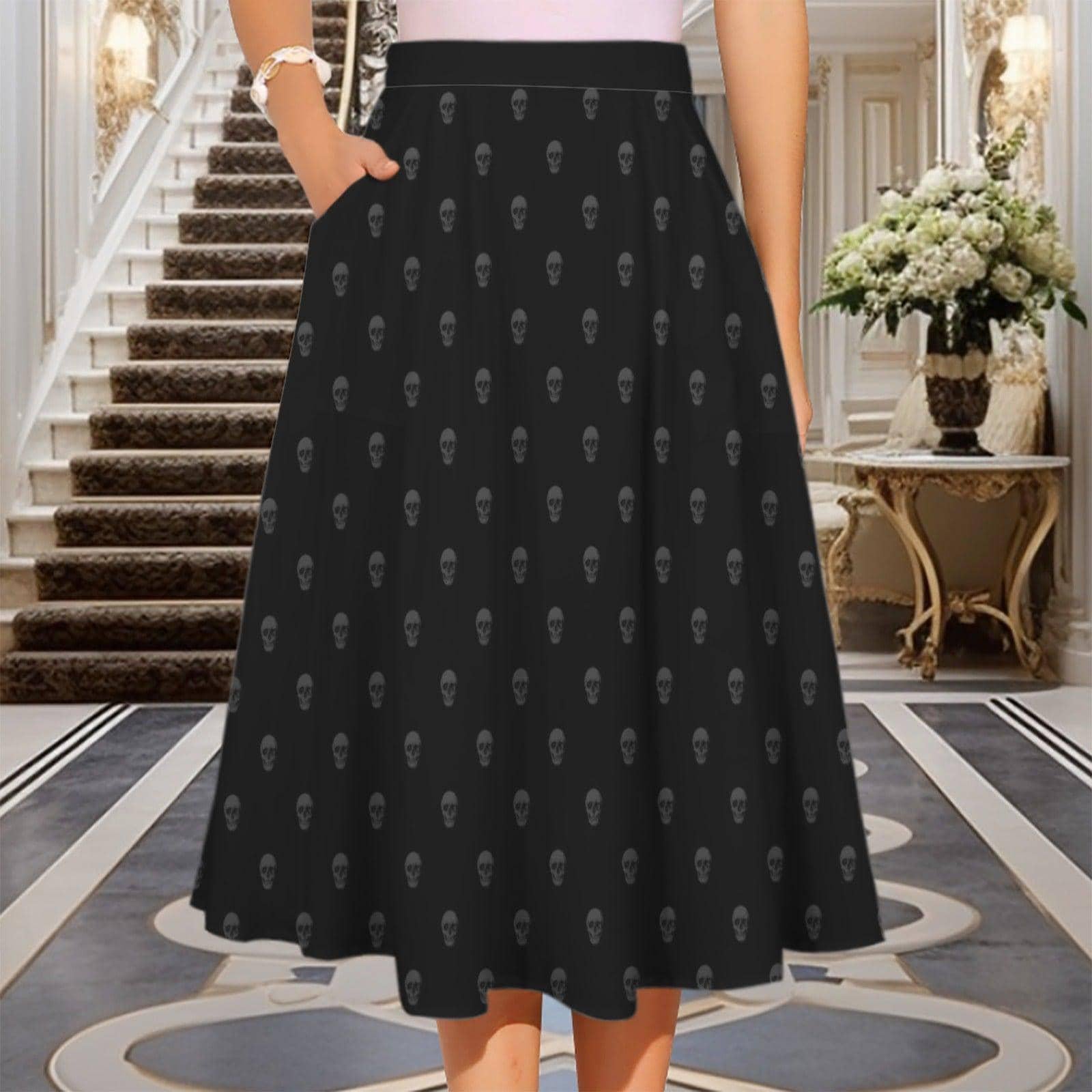Black Skull Print Midi Skirt, Subtle Gothic Dark Academia Flowy Style