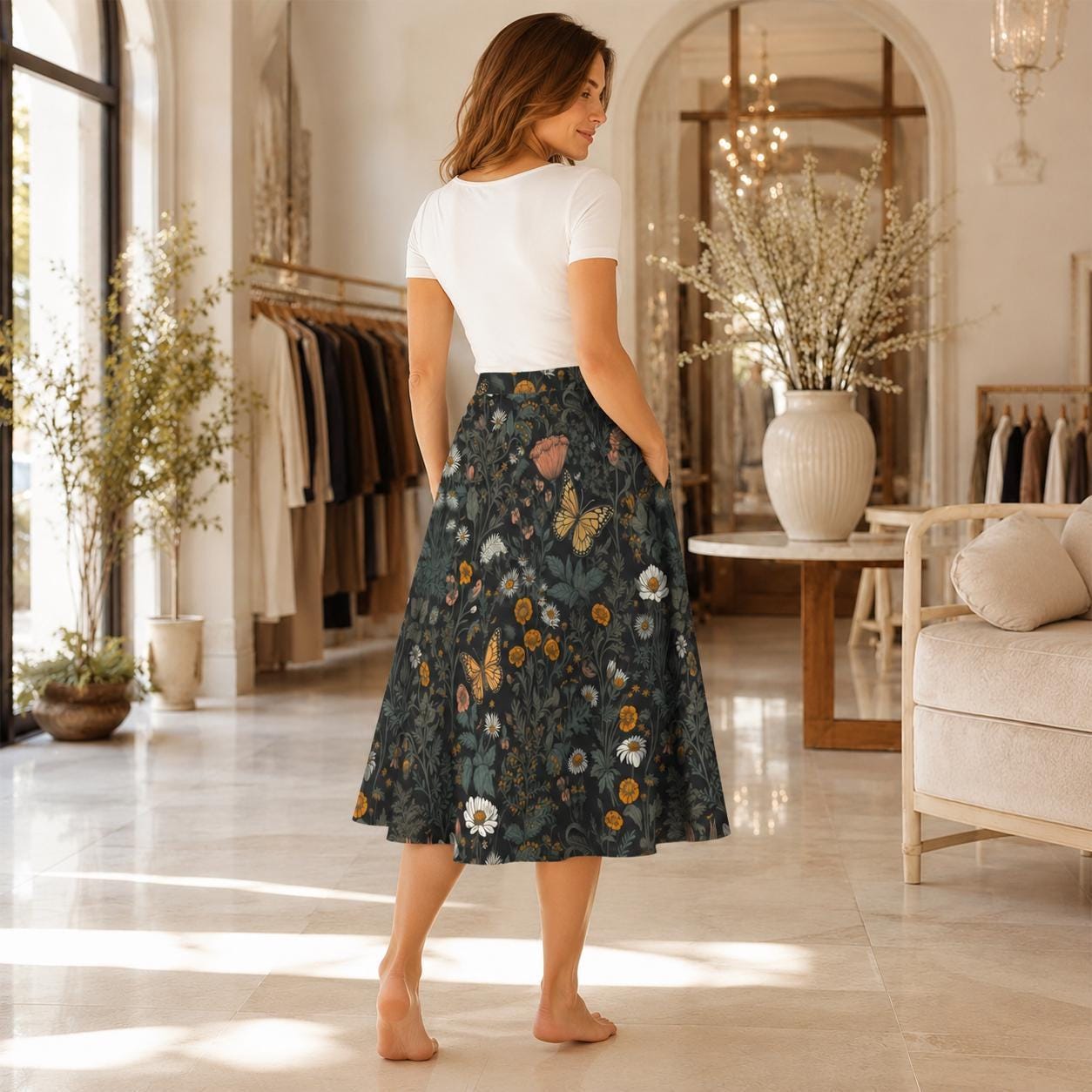 Dark Meadow Butterfly Midi Skirt, Cottagecore Floral A-Line with Pockets