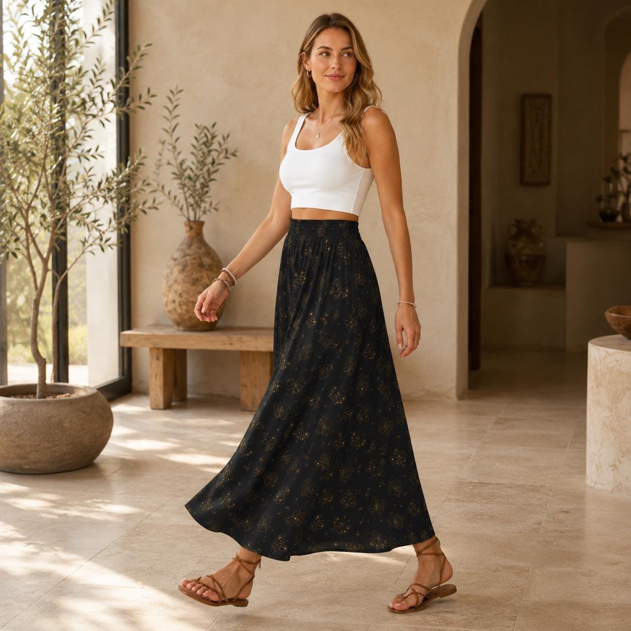 Black Butterfly Maxi Skirt, Celestial Star Print, Witchy Festival Style, Flowy High Waist
