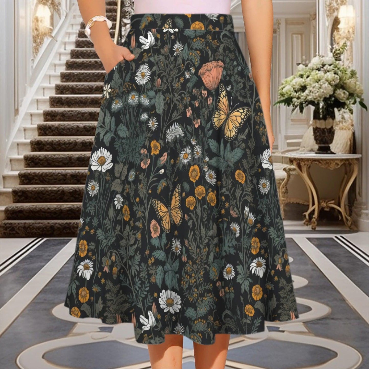 Dark Meadow Butterfly Midi Skirt, Cottagecore Floral A-Line with Pockets
