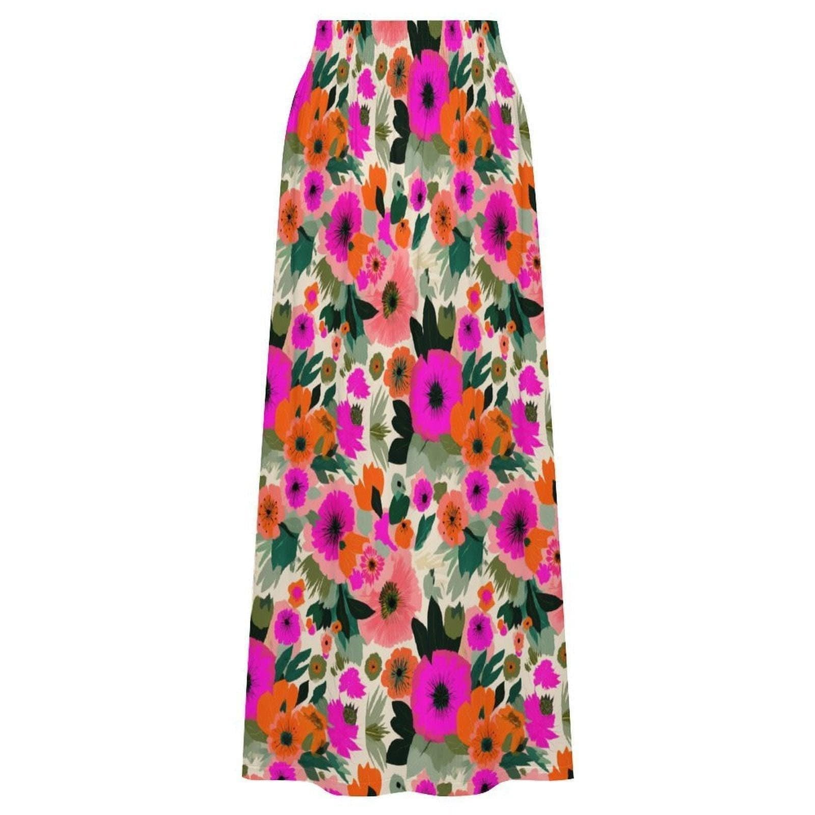 Bold Floral Maxi Skirt, Tropical Garden Print, High Waist Flowy Vacation Skirt