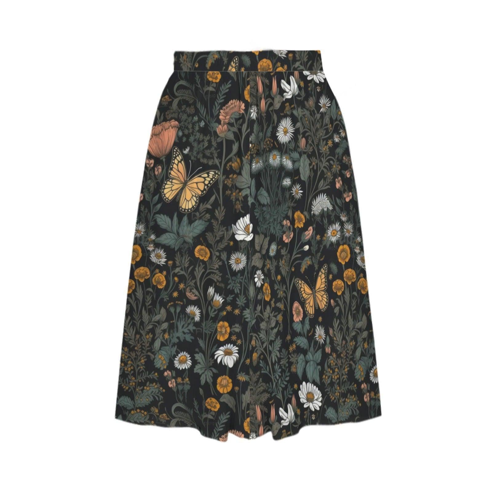 Dark Meadow Butterfly Midi Skirt, Cottagecore Floral A-Line with Pockets