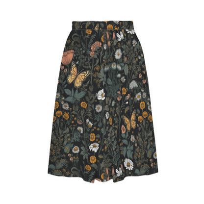 Dark Meadow Butterfly Midi Skirt, Cottagecore Floral A-Line with Pockets