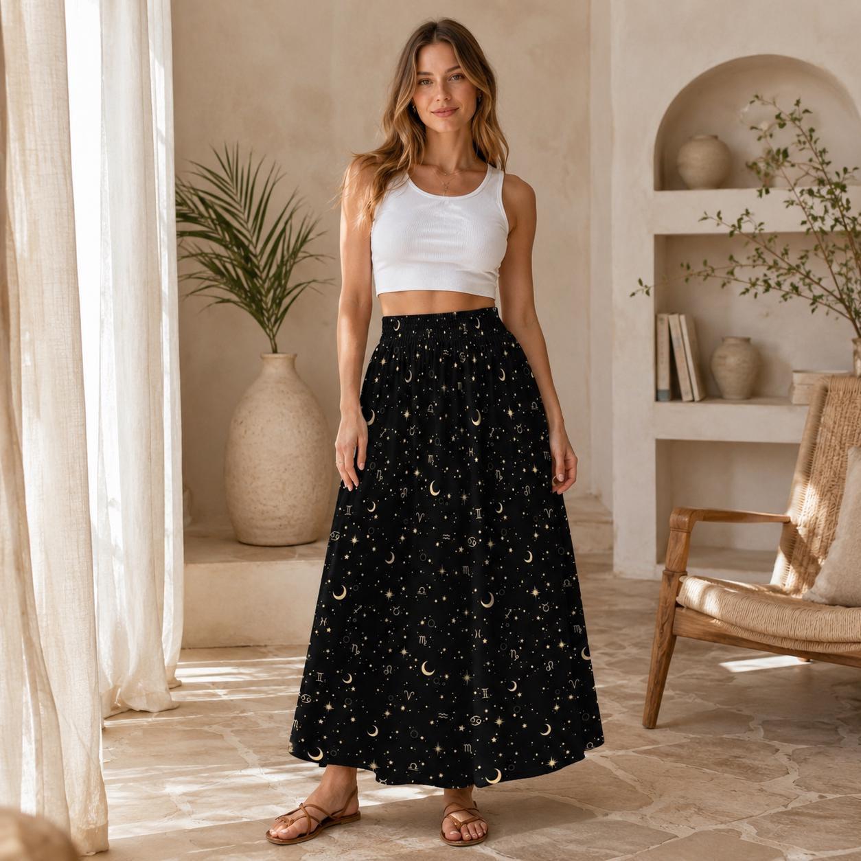 Celestial Maxi Skirt, Black Zodiac Astrology Print, Whimsigoth High Waist Festival Skirt
