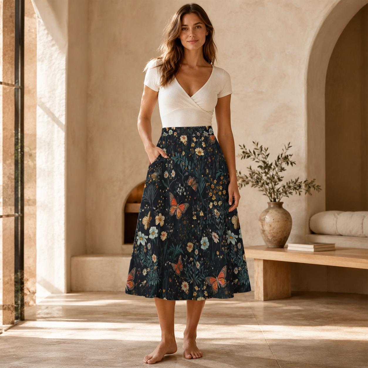 Dark Floral Butterfly Midi Skirt, High Waist Wildflower Print, Cottagecore Garden Party
