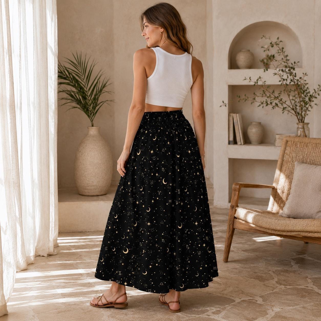 Celestial Maxi Skirt, Black Zodiac Astrology Print, Whimsigoth High Waist Festival Skirt