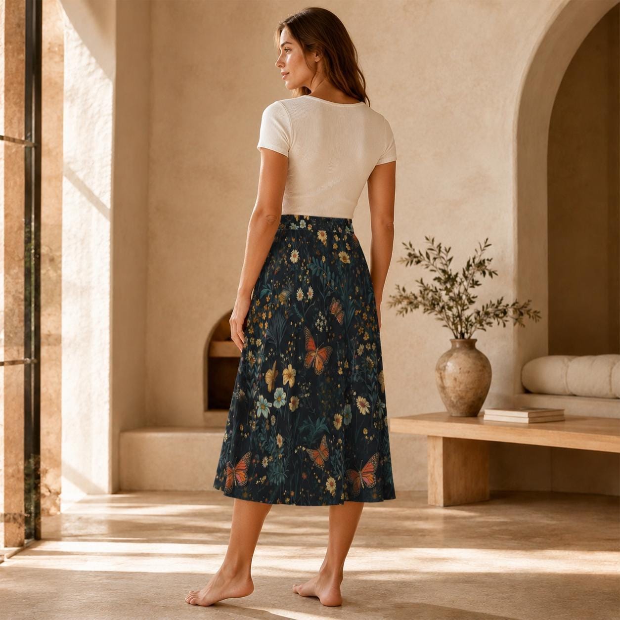 Dark Floral Butterfly Midi Skirt, High Waist Wildflower Print, Cottagecore Garden Party