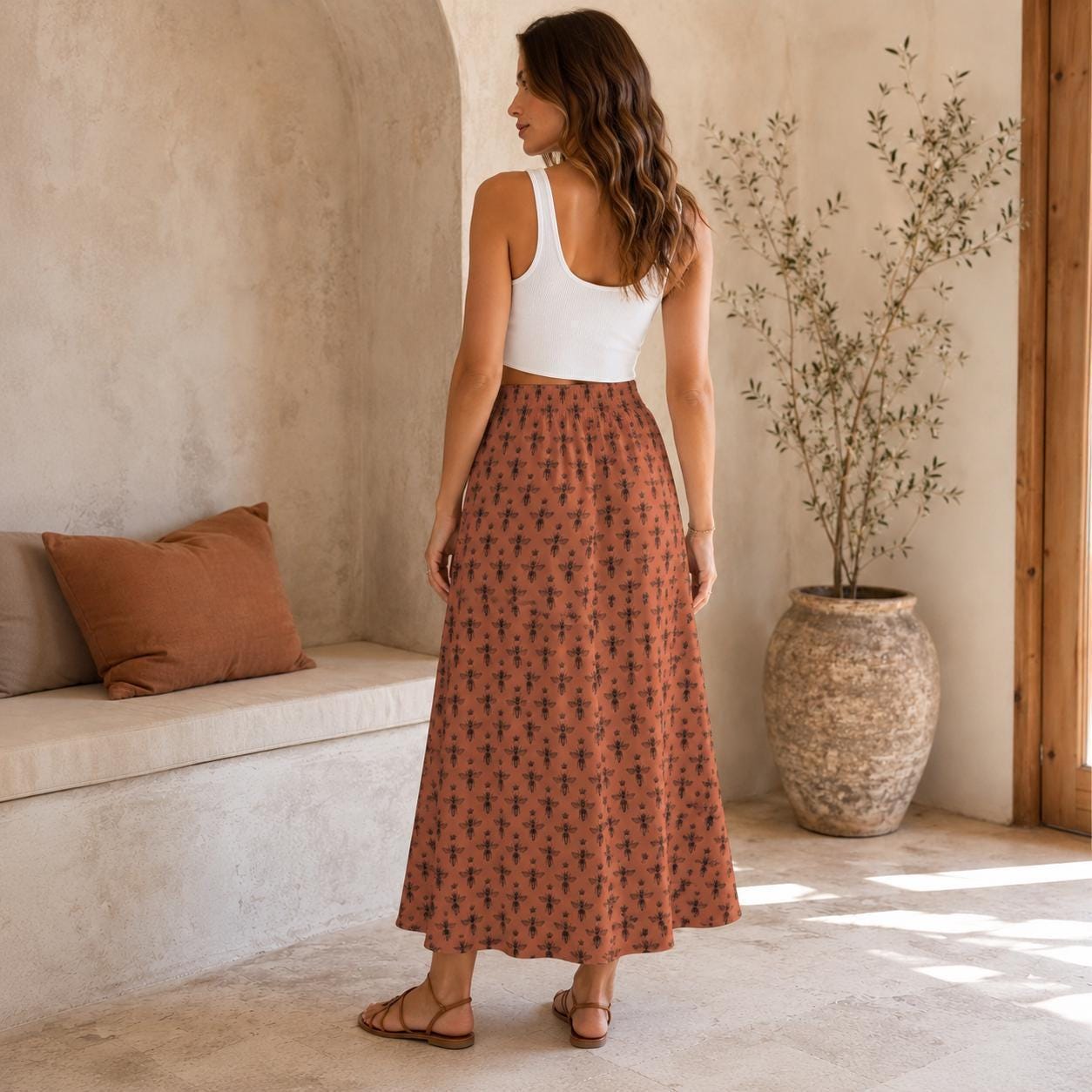 Rust Bee Print Maxi Skirt, Botanical Insect Pattern, Cottagecore Flowy High Waist Summer Skirt