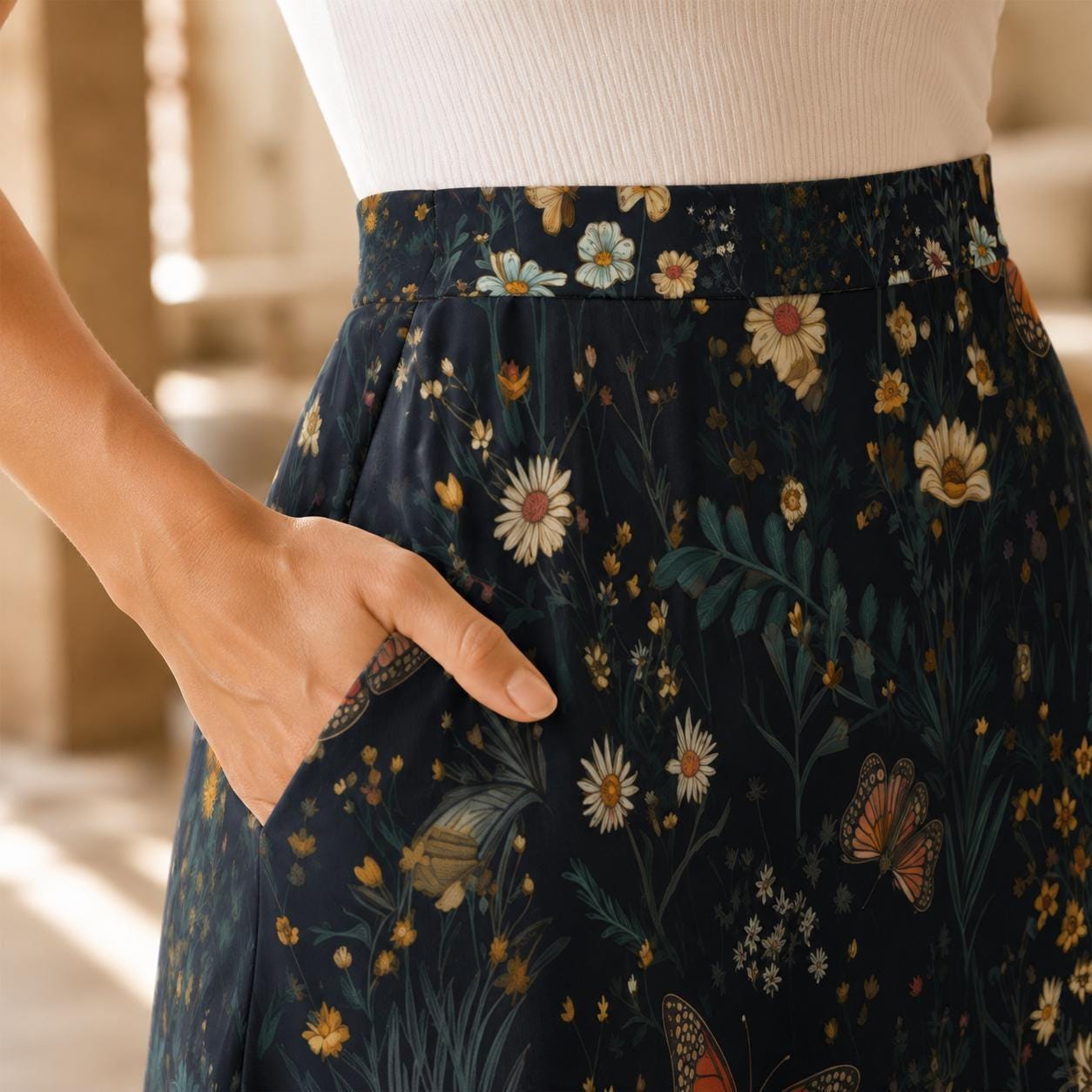 Dark Floral Butterfly Midi Skirt, High Waist Wildflower Print, Cottagecore Garden Party