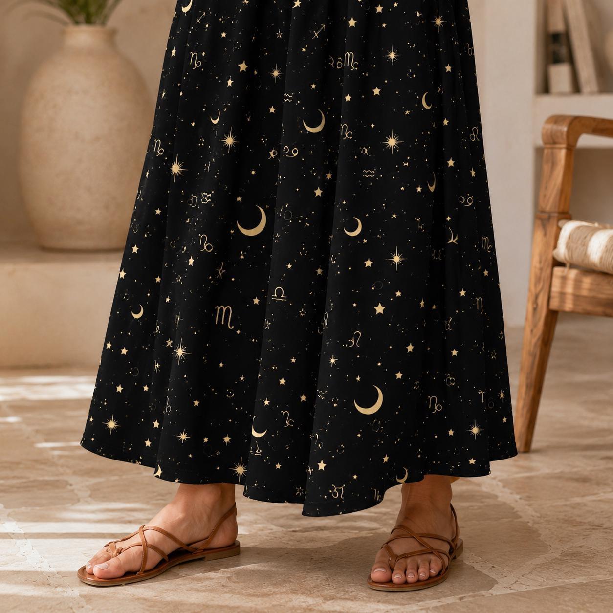 Celestial Maxi Skirt, Black Zodiac Astrology Print, Whimsigoth High Waist Festival Skirt