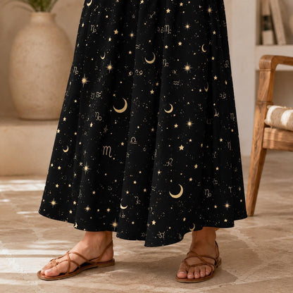 Celestial Maxi Skirt, Black Zodiac Astrology Print, Whimsigoth High Waist Festival Skirt