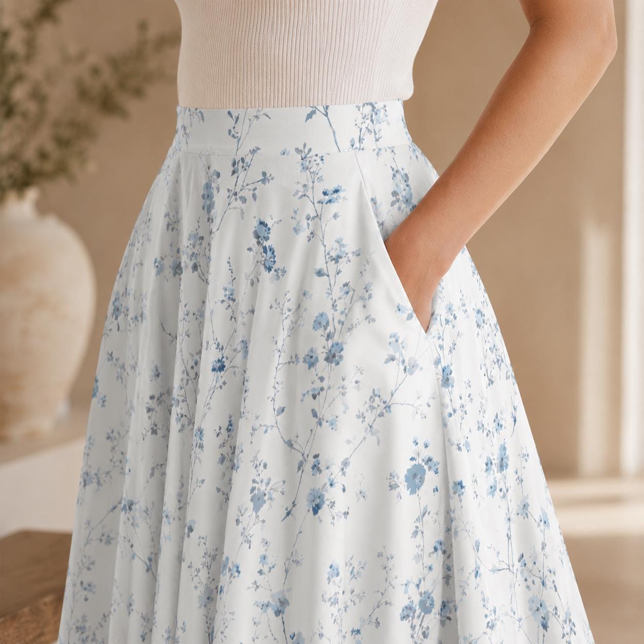 Blue Wildflower Midi Skirt, White Cottage Garden A-Line, High Waist with Pockets