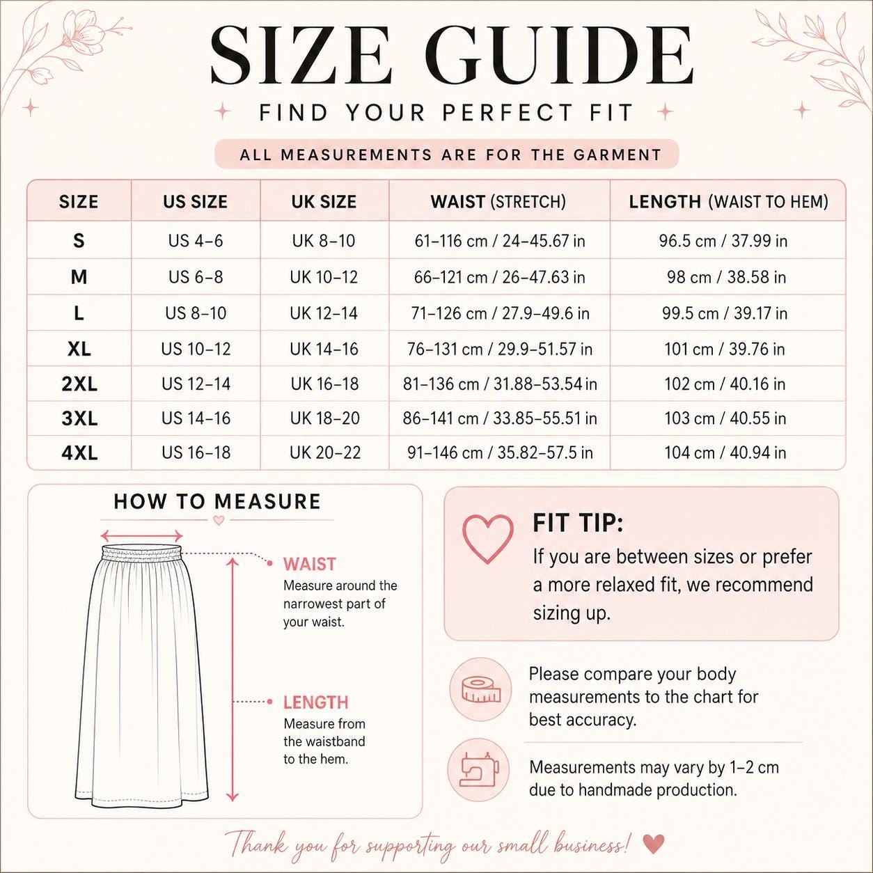 The image is a size guide that provides measurements for different skirt sizes based on waist and length. It includes a chart with measurements for US, UK, and European sizes, along with corresponding measurements for different skirt styles. The guide also provides a fitting tip for those who prefer a more relaxed fit.