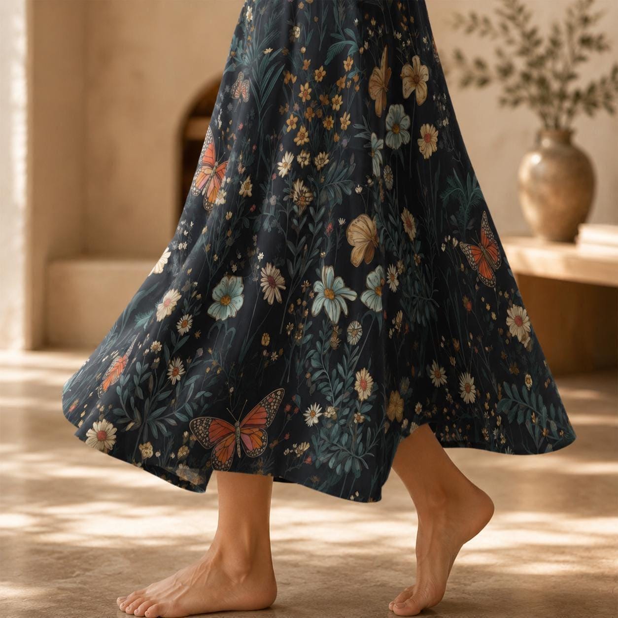 Dark Floral Butterfly Midi Skirt, High Waist Wildflower Print, Cottagecore Garden Party