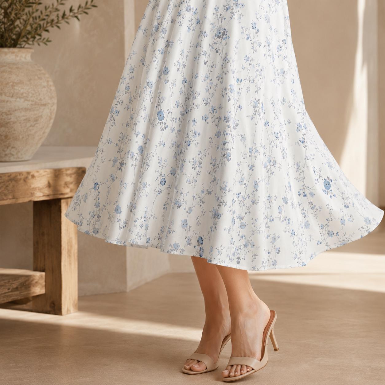 Blue Wildflower Midi Skirt, White Cottage Garden A-Line, High Waist with Pockets