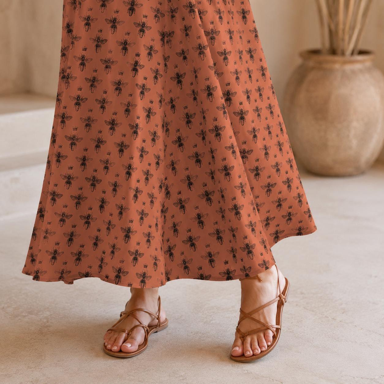 Rust Bee Print Maxi Skirt, Botanical Insect Pattern, Cottagecore Flowy High Waist Summer Skirt