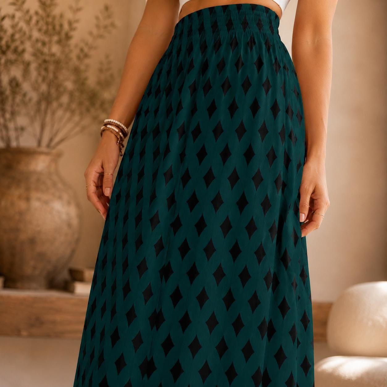 Teal Geometric Maxi Skirt, Black Diamond Print, Boho Statement, High Waist Flowy Vacation Styling