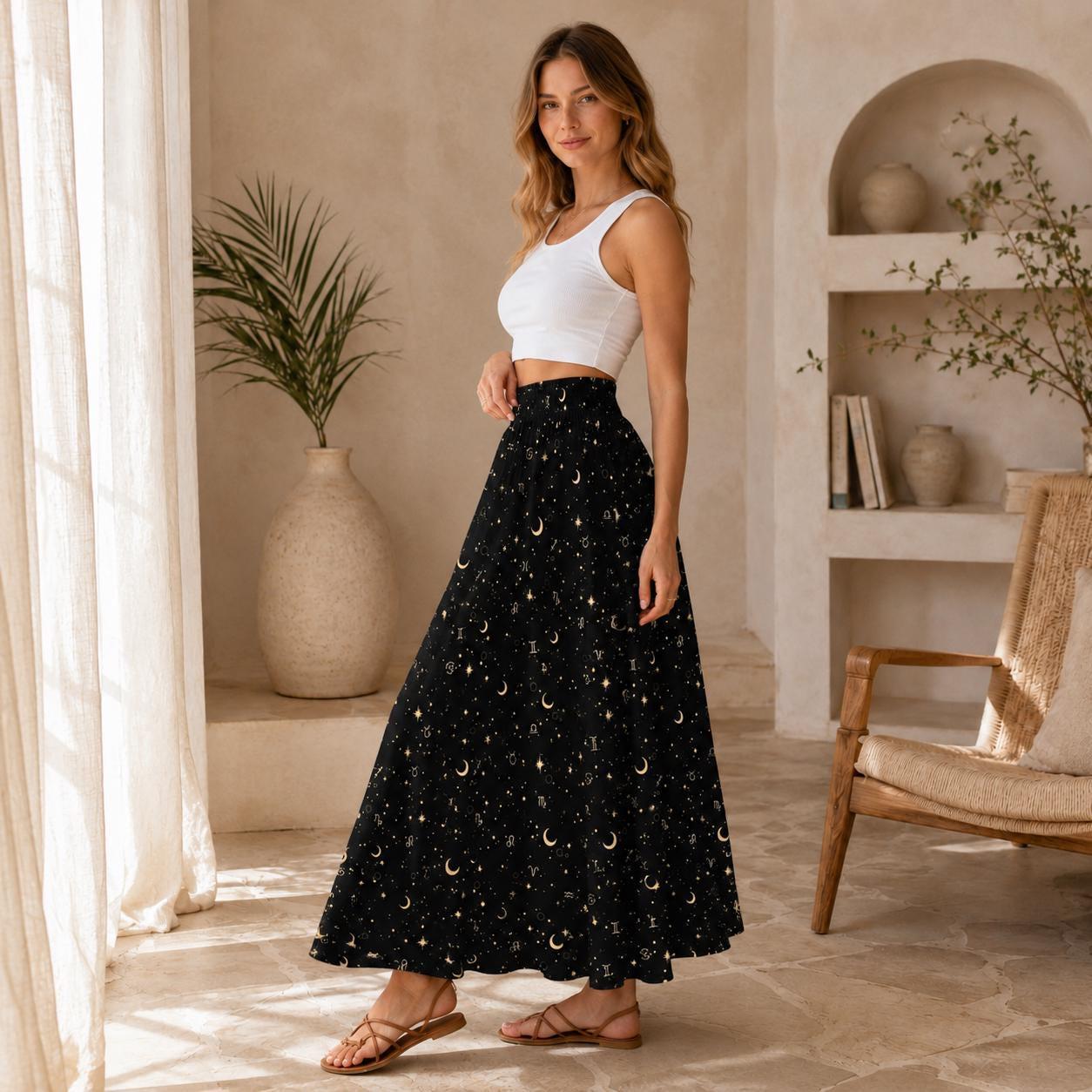 Celestial Maxi Skirt, Black Zodiac Astrology Print, Whimsigoth High Waist Festival Skirt