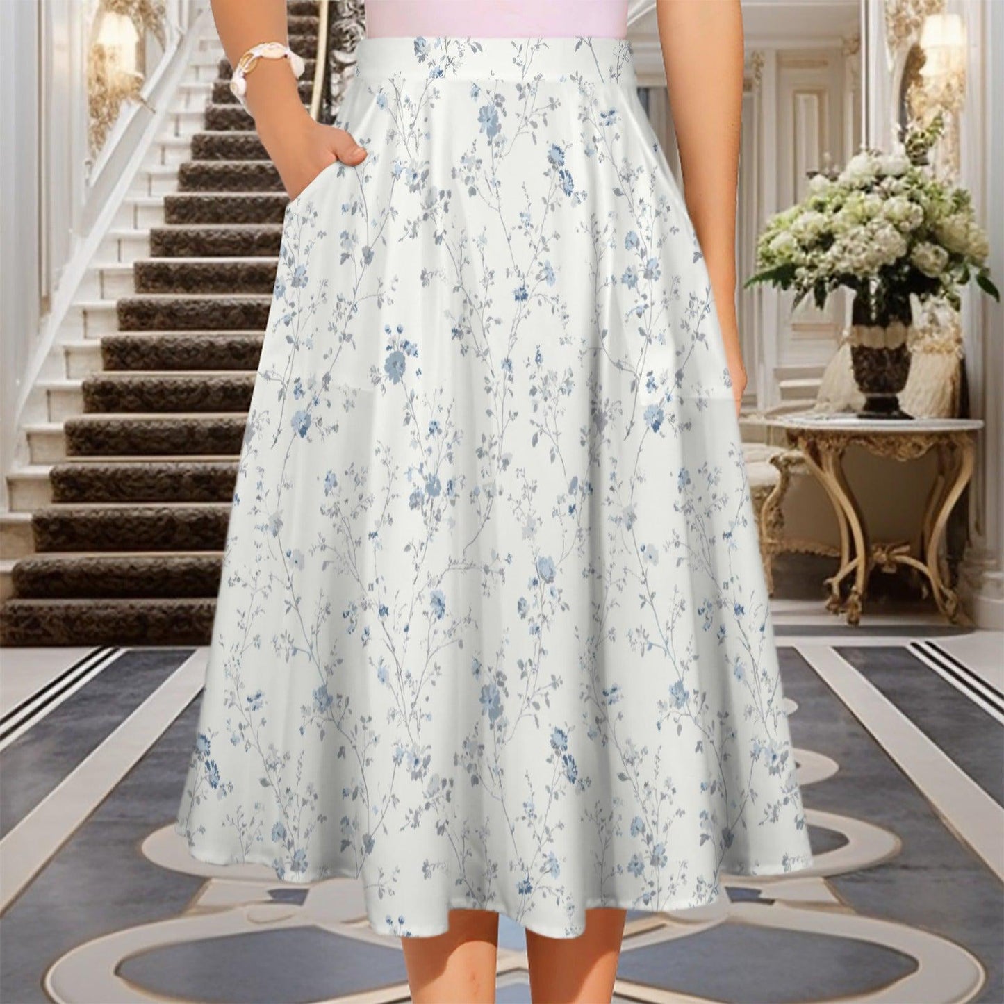 Blue Wildflower Midi Skirt, White Cottage Garden A-Line, High Waist with Pockets