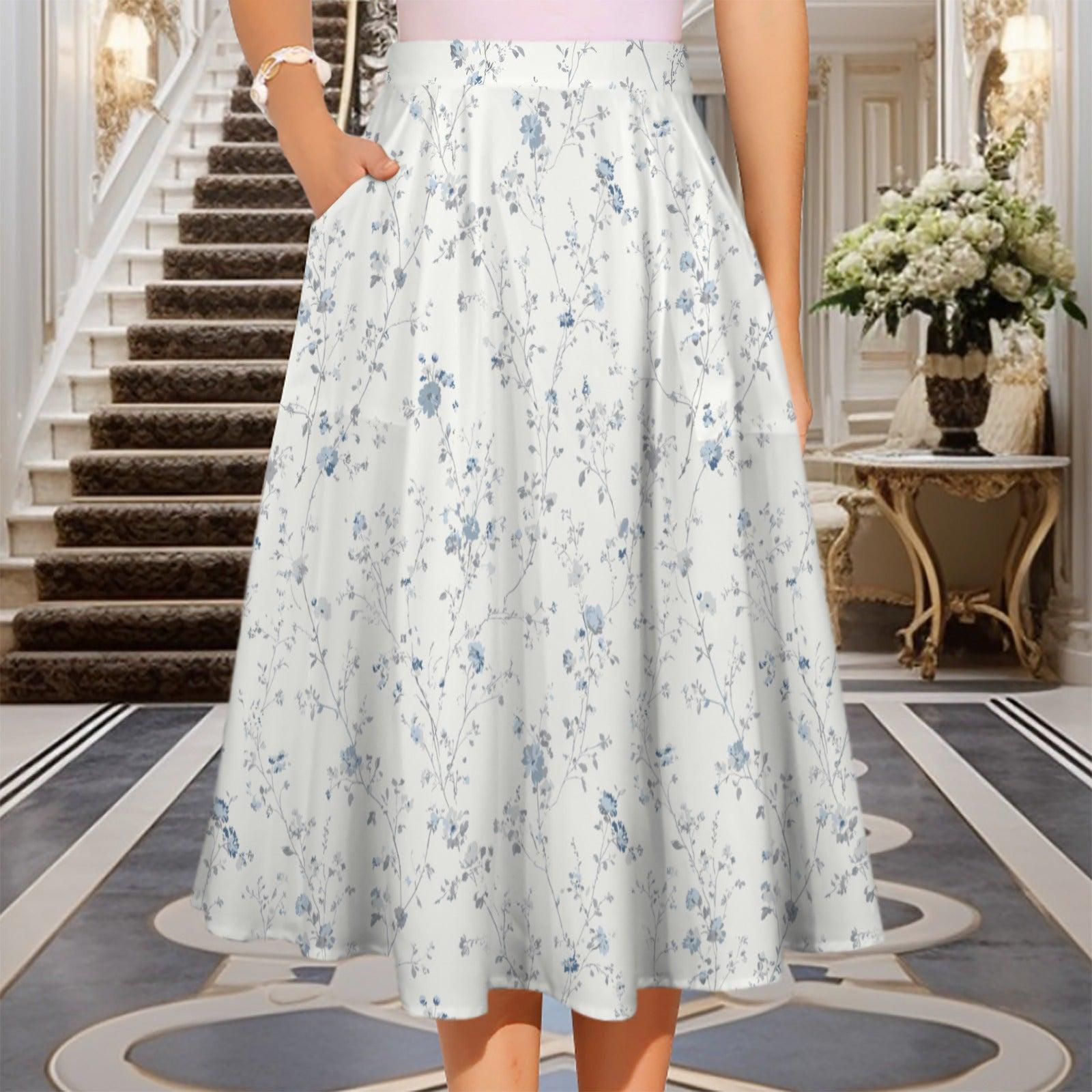 Blue Wildflower Midi Skirt, White Cottage Garden A-Line, High Waist with Pockets