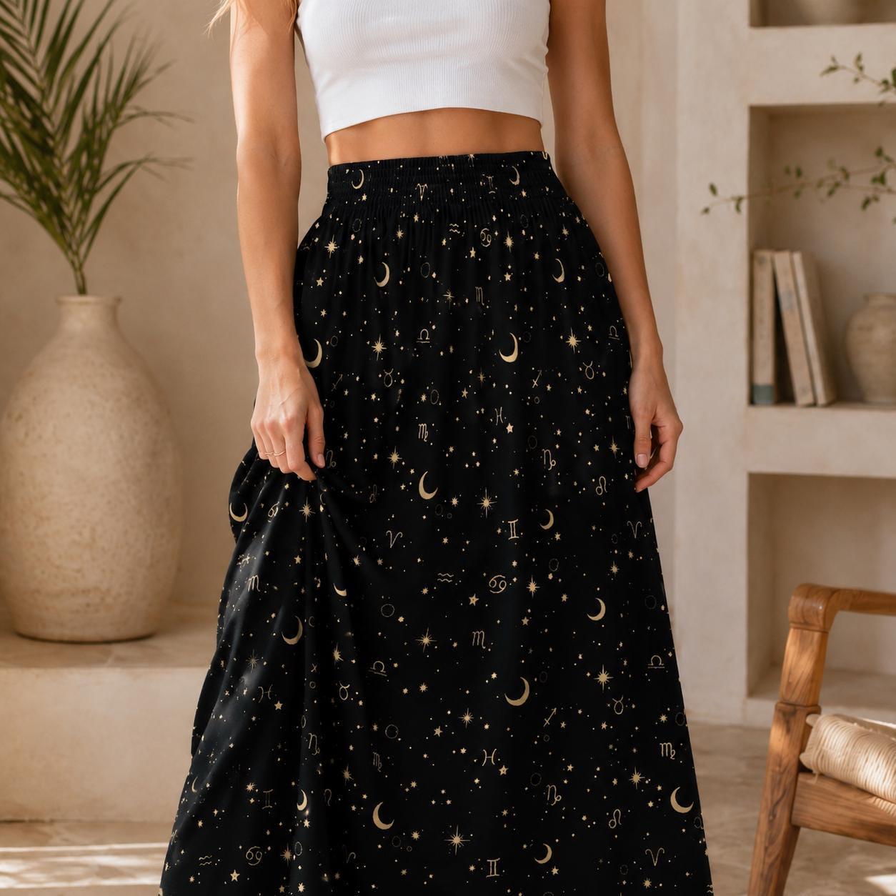 Celestial Maxi Skirt, Black Zodiac Astrology Print, Whimsigoth High Waist Festival Skirt