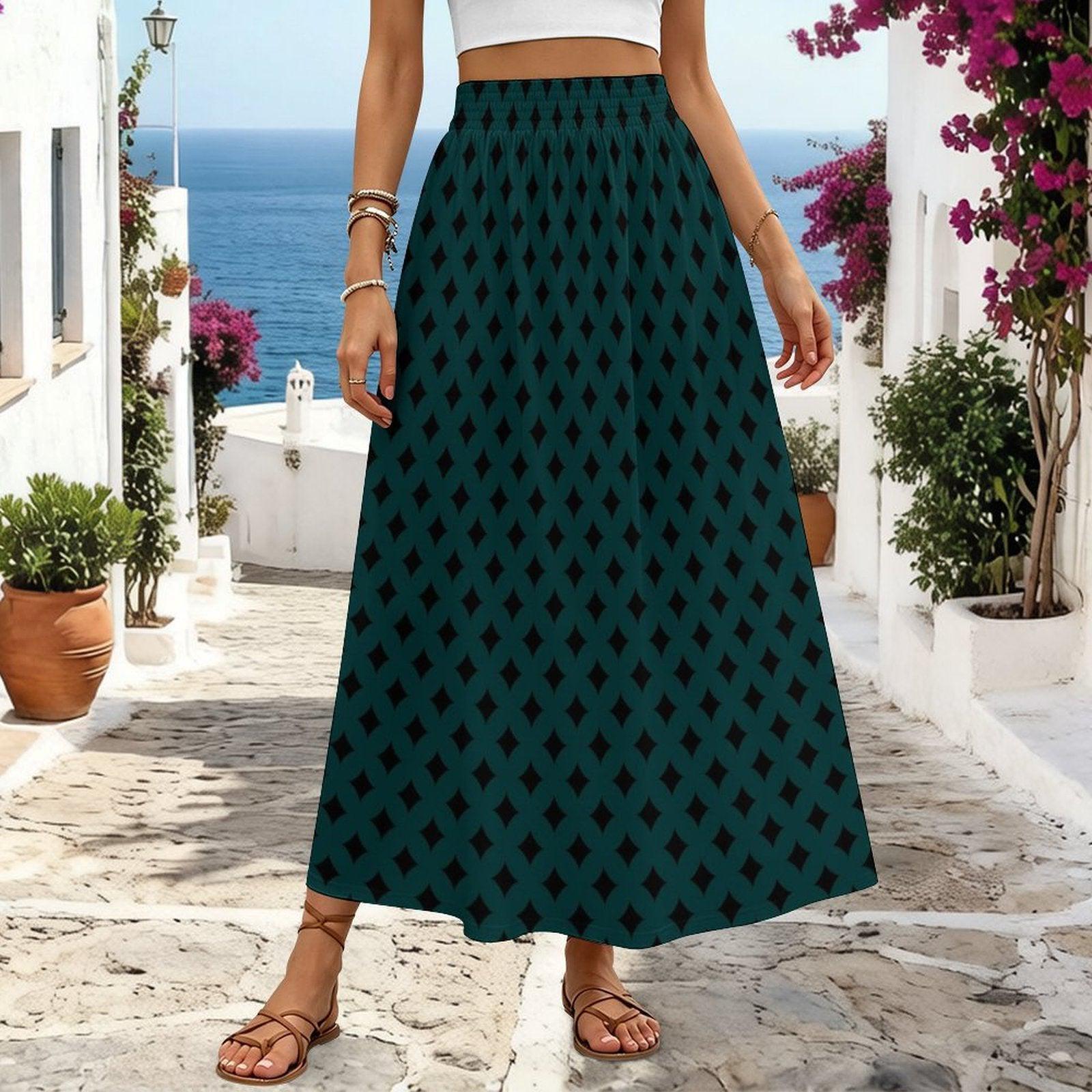 Teal Geometric Maxi Skirt, Black Diamond Print, Boho Statement, High Waist Flowy Vacation Styling