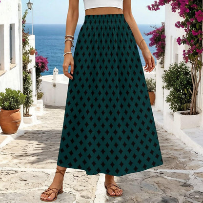 Teal Geometric Maxi Skirt, Black Diamond Print, Boho Statement, High Waist Flowy Vacation Styling