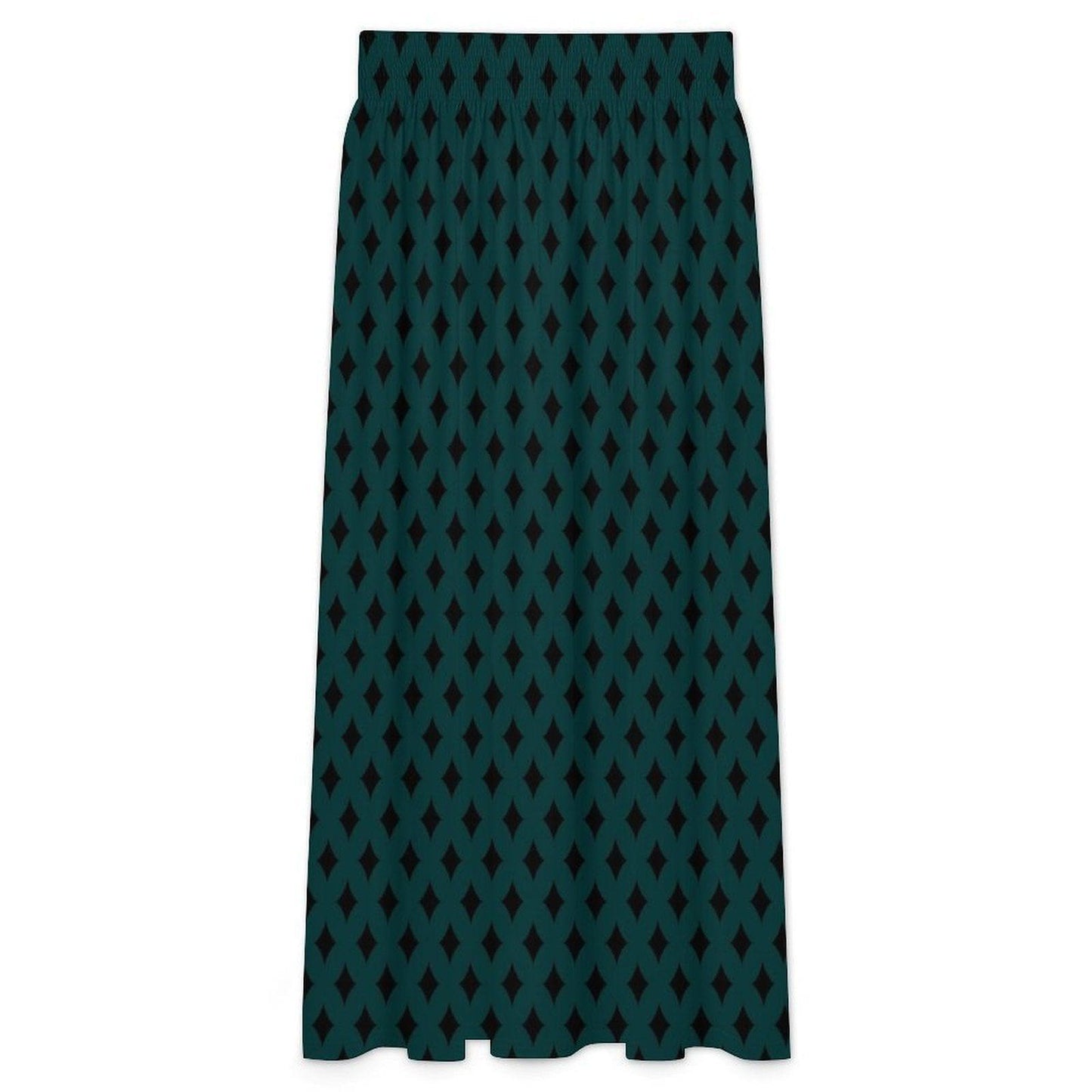 Teal Geometric Maxi Skirt, Black Diamond Print, Boho Statement, High Waist Flowy Vacation Styling