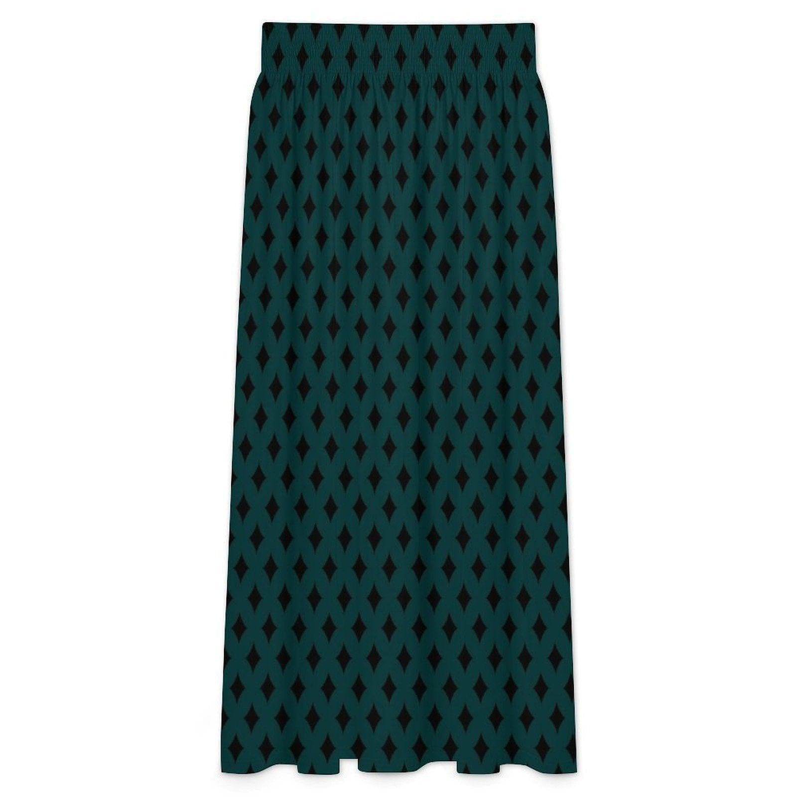 Teal Geometric Maxi Skirt, Black Diamond Print, Boho Statement, High Waist Flowy Vacation Styling
