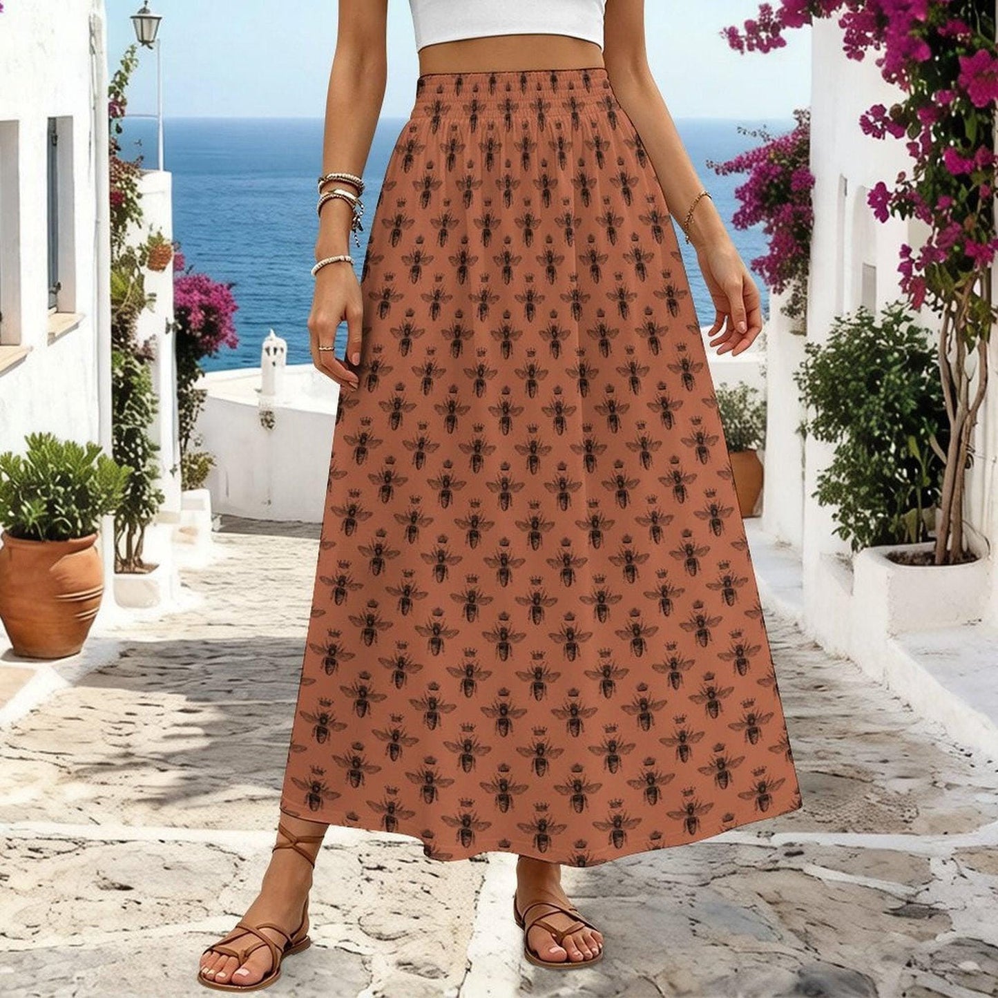 Rust Bee Print Maxi Skirt, Botanical Insect Pattern, Cottagecore Flowy High Waist Summer Skirt