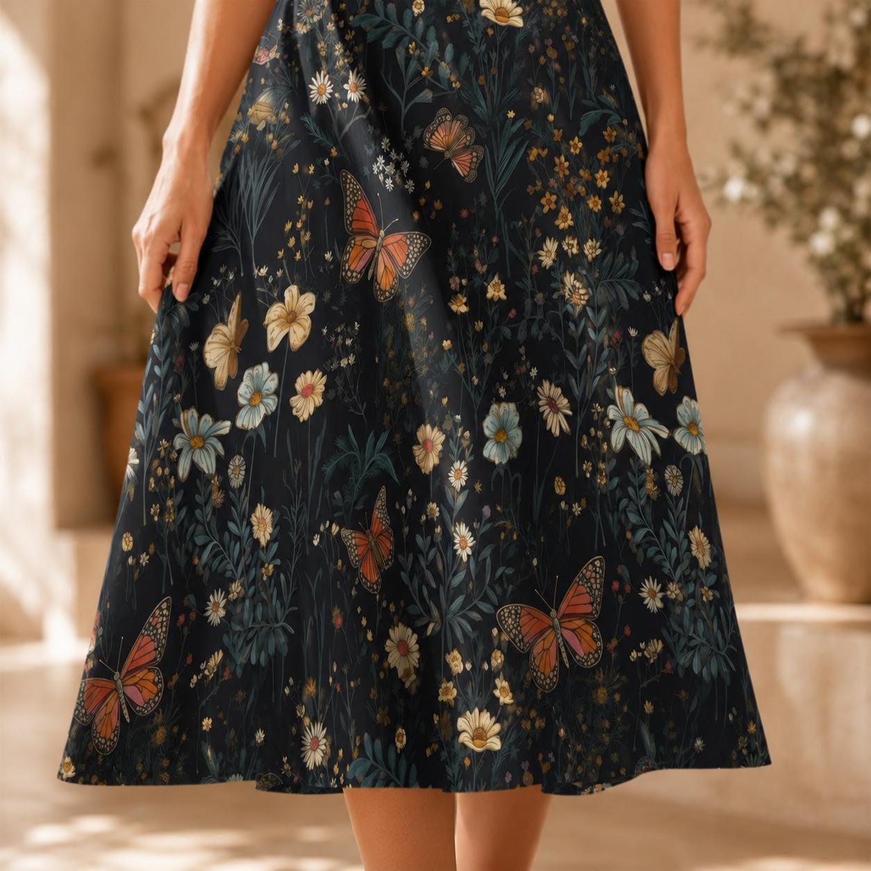 Dark Floral Butterfly Midi Skirt, High Waist Wildflower Print, Cottagecore Garden Party
