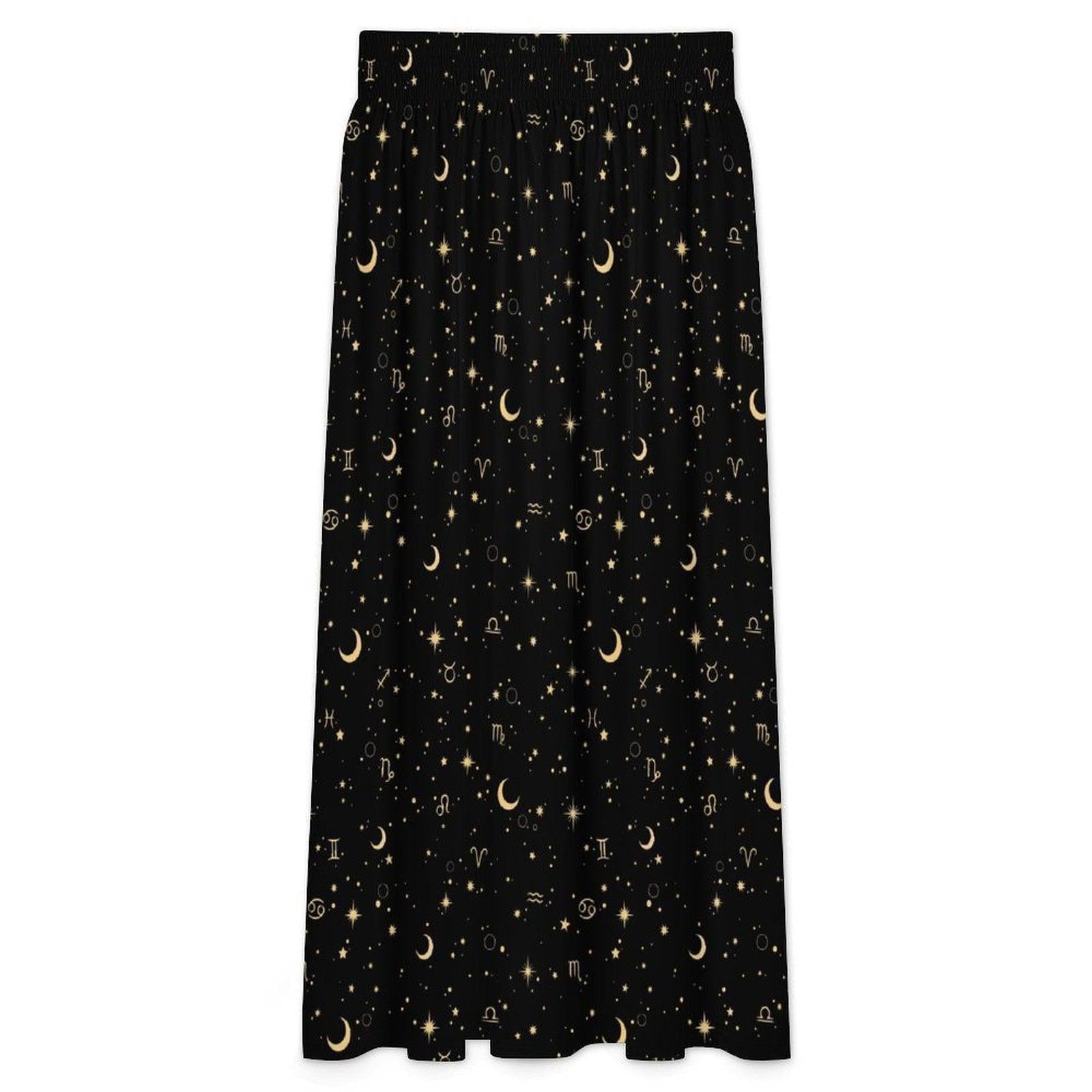 Celestial Maxi Skirt, Black Zodiac Astrology Print, Whimsigoth High Waist Festival Skirt