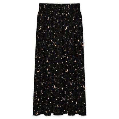 Celestial Maxi Skirt, Black Zodiac Astrology Print, Whimsigoth High Waist Festival Skirt