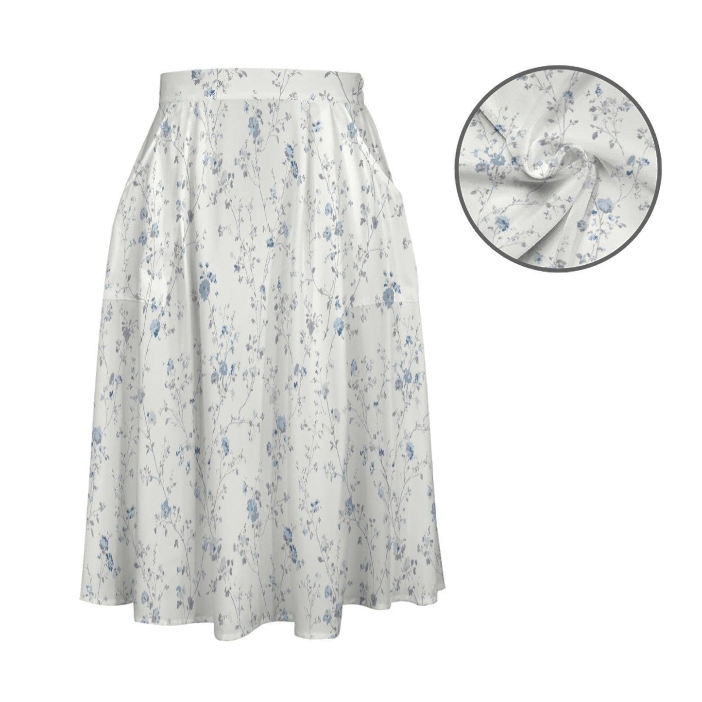 Blue Wildflower Midi Skirt, White Cottage Garden A-Line, High Waist with Pockets