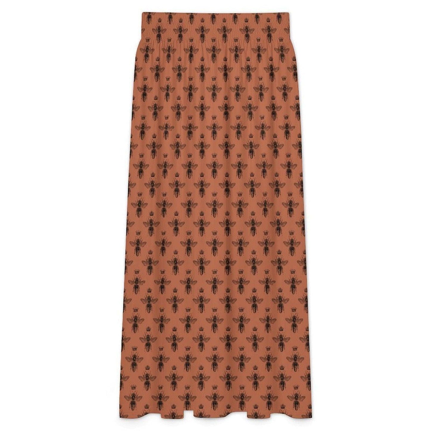 Rust Bee Print Maxi Skirt, Botanical Insect Pattern, Cottagecore Flowy High Waist Summer Skirt